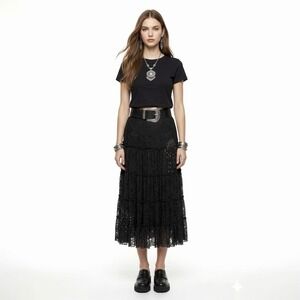 Vintage Lillie Rubin Black Lace Broomstick Skirt 4 Rhinestone Whimsigoth Midi